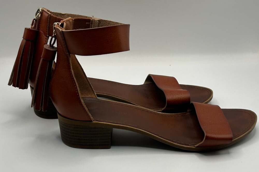Rock & Candy Nancie Brown Ankle Strap Block Heel Tassel Sandals - Picture 2 of 5